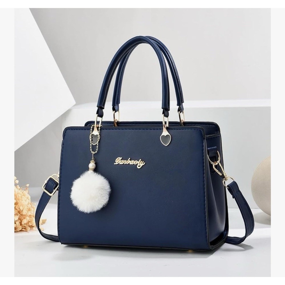 Navy Blue PU Leather Satchel Crossbody Bag Heart‎ Hardware Pom Pom Charm - Picture 3 of 9
